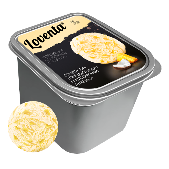 “LOVENTA” cream ice cream with pina colada flavor and pineapple pieces